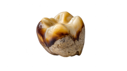 A single molar tooth with significant decay and brown discoloration isolated on transparent background, showing advanced caries