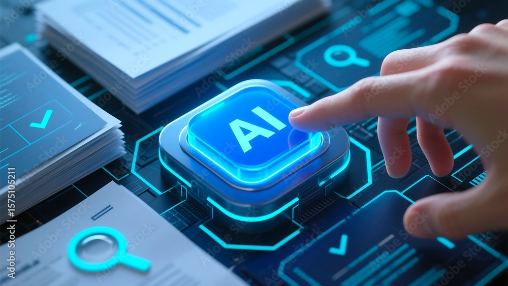 Poster close up of a human finger pressing a glowing blue button with the letters ai on it surrounded by di