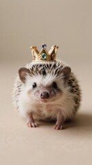 A cute hedgehog with a golden crown on its head, standing against a neutral background, evoking royalty and charm , making it ideal for children's illustrations and greeting cards