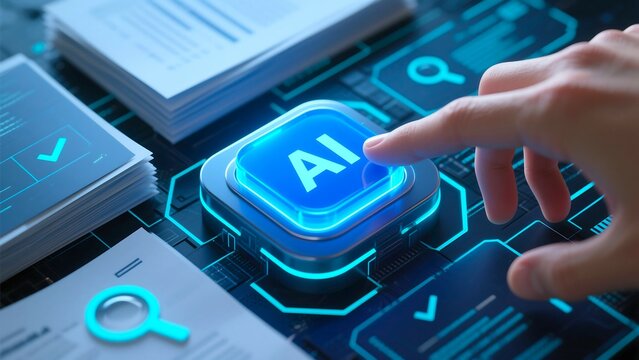 Close up of a human finger pressing a glowing blue button with the letters ai on it surrounded by digital circuit board patterns and documents with checkmarks and a magnifying glass