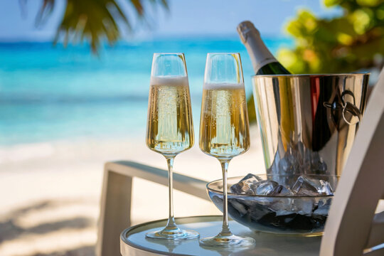 Champagne bucket with a chilled bottle of sparkling wine and two crystal champagne glasses on tropical background with seascape, summer vacation