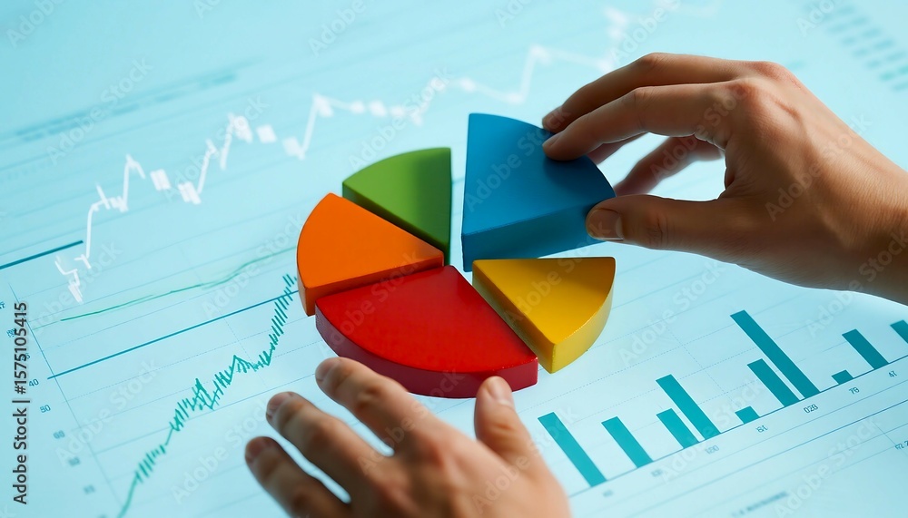 Poster a person s hands interact with a colorful pie chart and financial graphs displayed on a bright digit