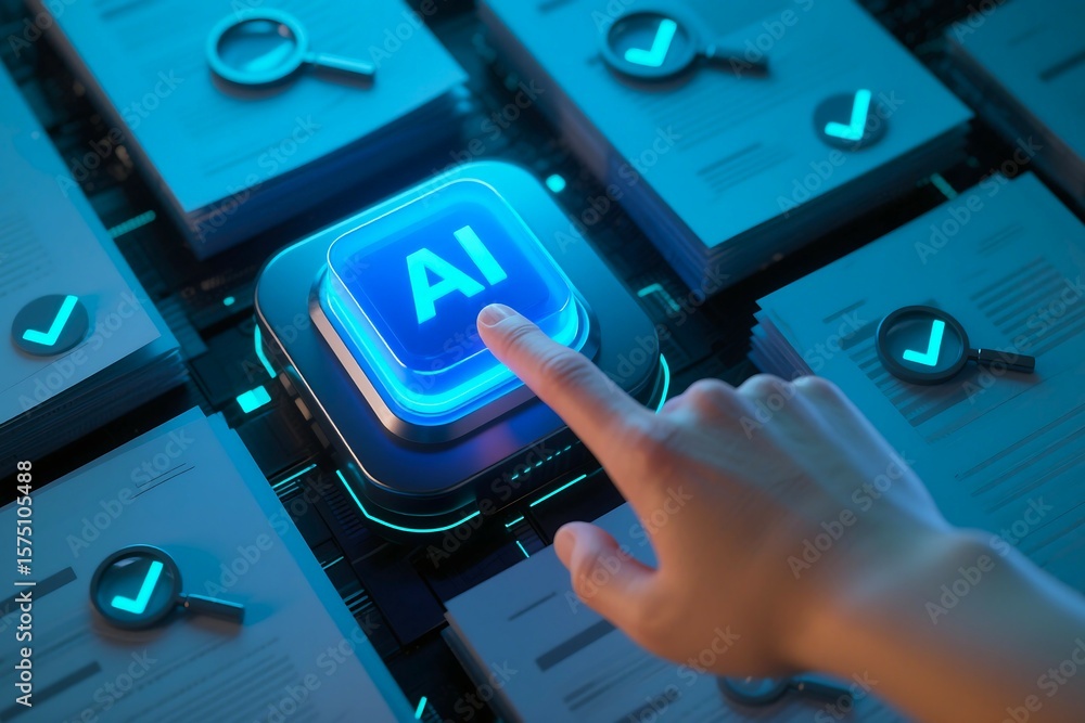 Aufkleber hand pressing a glowing blue ai button surrounded by documents with magnifying glasses and checkmark