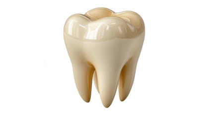 A detailed 3d render of a human molar tooth is isolated on transparent background, highlighting its structure and anatomy