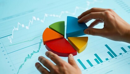A person s hands interact with a colorful pie chart and financial graphs displayed on a bright digital screen symbolizing data analysis and business growth