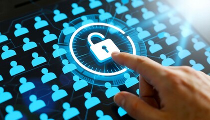 A human finger touches a glowing blue padlock icon surrounded by a network of abstract human silhouettes symbolizing digital security and data protection