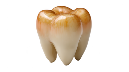 A stained molar tooth model with a glossy surface is isolated on transparent background, illustrating dental health and hygiene