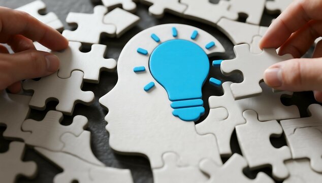 Hands assembling a jigsaw puzzle shaped like a human head with a bright blue lightbulb symbolizing a new idea or innovation in the center