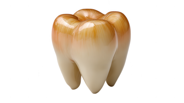 A stained molar tooth model with a glossy surface is isolated on transparent background, illustrating dental health and hygiene - Powered by Adobe