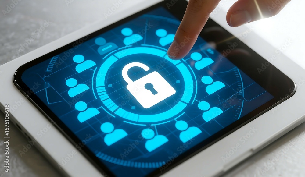 Aufkleber finger touching a tablet screen displaying a digital network of people icons surrounding an unlocked