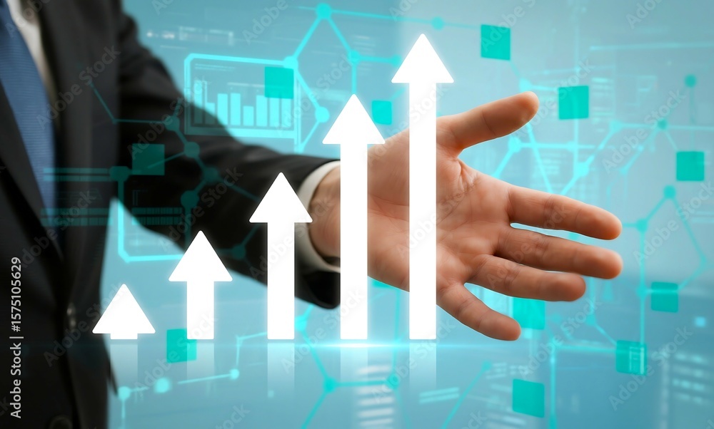 Poster businessman s hand reaching out towards a glowing digital graph with upward trending arrows and netw