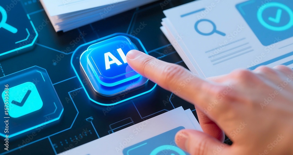 Poster close up of a human finger pressing a glowing blue ai button on a futuristic interface with digital 