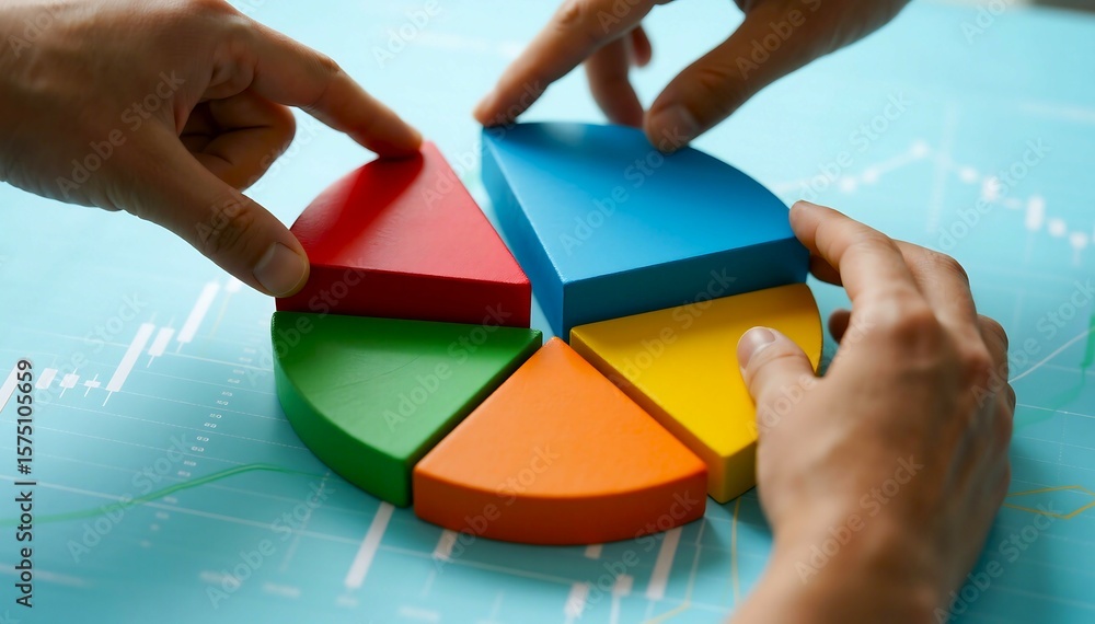 Poster hands assembling a colorful pie chart on a blue background with financial charts and graphs symboliz