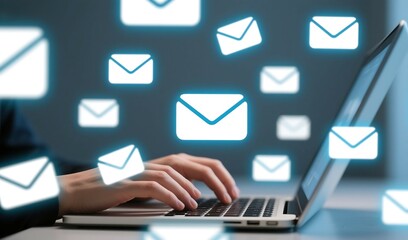 Person typing on a laptop with glowing email icons floating around representing digital communication and online messaging