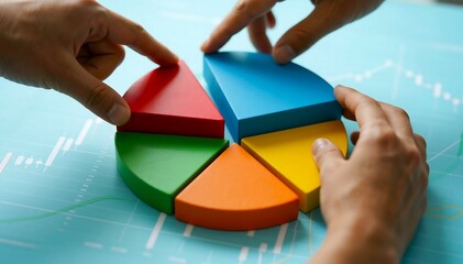 Hands assembling a colorful pie chart on a blue background with financial charts and graphs symbolizing teamwork and data analysis