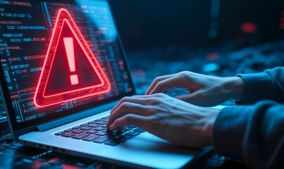 Cyber security warning on a laptop screen with a person typing on the keyboard digital data and code in the background symbolizing threat and danger