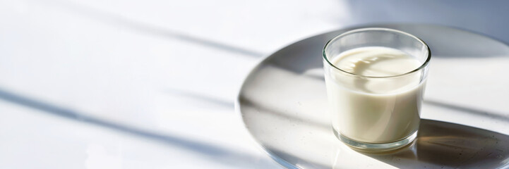 Glass of organic fresh milk on kitchen countertop, long banner