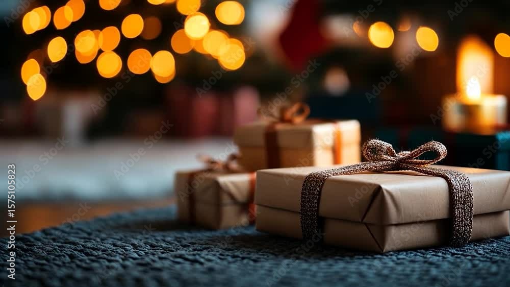 Poster close-up of wrapped presents with decorative ribbons and bokeh lights in the background creating a w
