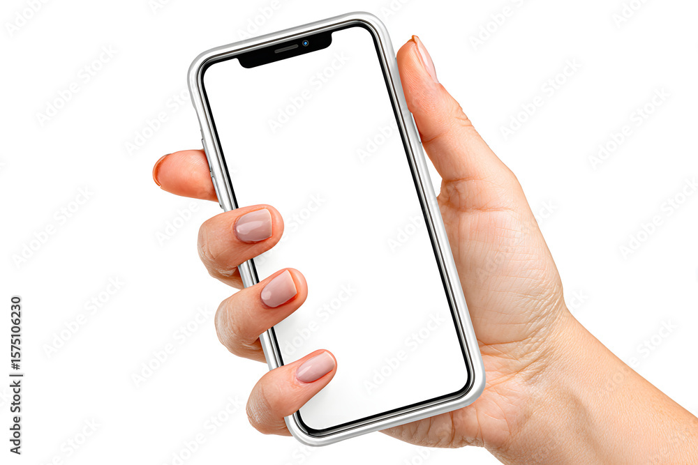 Poster hand holds smartphone with blank white screen, offering mockup display for app or website design, a 