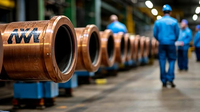 Rows of metal pipes with a logo in a factory setting. Workers in blue uniforms are visible in the background. Focus on the industrial process and metallic textures