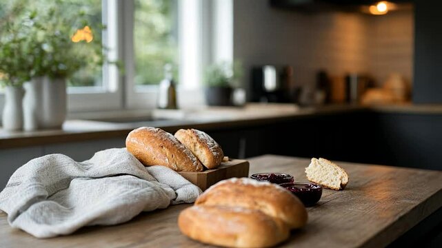 Close-up shot of freshly baked bread with jam on a wooden table in a kitchen setting. Includes a folded towel and blurred background