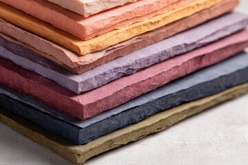 Colorful papers stacked, soft light, studio. Stationery design