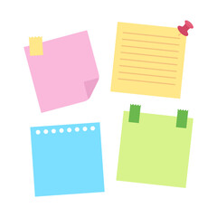 Flat icon of four colorful sticky notes with pins and tape. Vector illustration representing reminders, organization, messages, or planning.