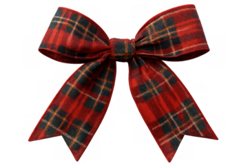 Red and black plaid bow isolated on transparent background, perfect for christmas and holiday decorations