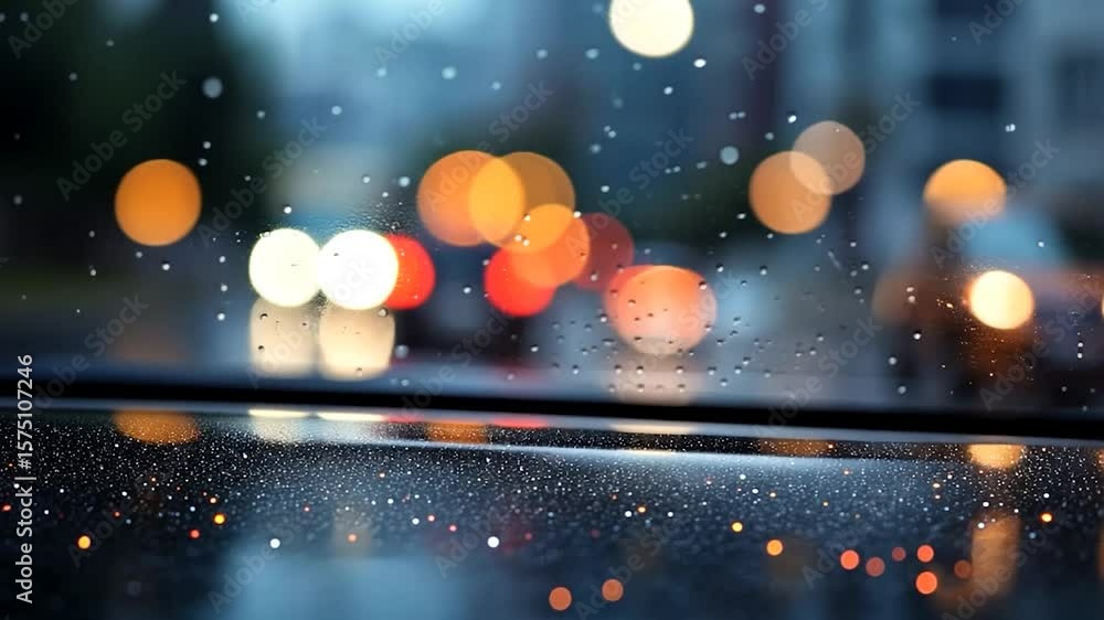 Poster blurred urban lights during rain creating bokeh effect reflective wet surface with water drops abstr