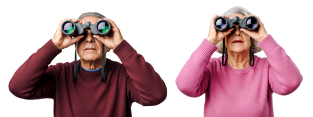Front view of Curious Latin Senior Couple Looking Through Binoculars