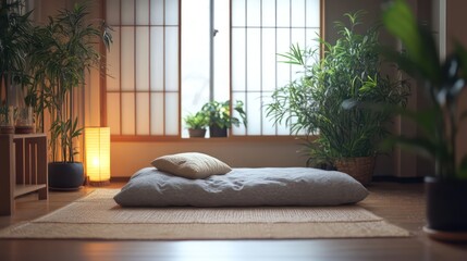 Serene Japanese room with shoji screens, tatami, futon, and soft natural lighting.