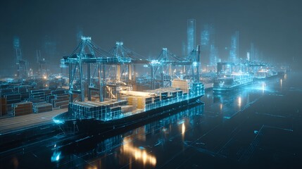 Obraz premium Digital Rendering of Container Port at Night