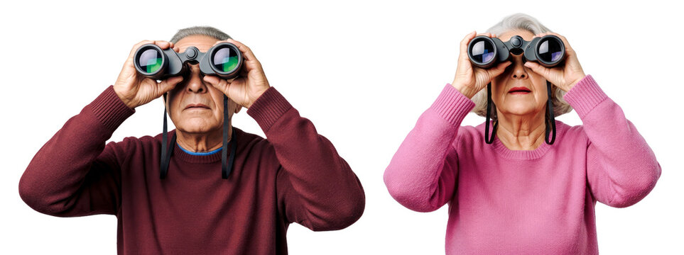 Front view of Curious Latin Senior Couple Looking Through Binoculars