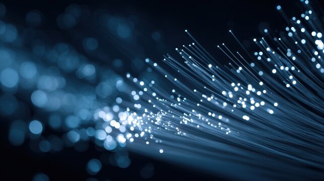 Cybersecurity Focus An atmospheric representation of a data center emphasizing the protective aspects of technology. Fiber optic cables shine against a deep blue backdrop symbolizing