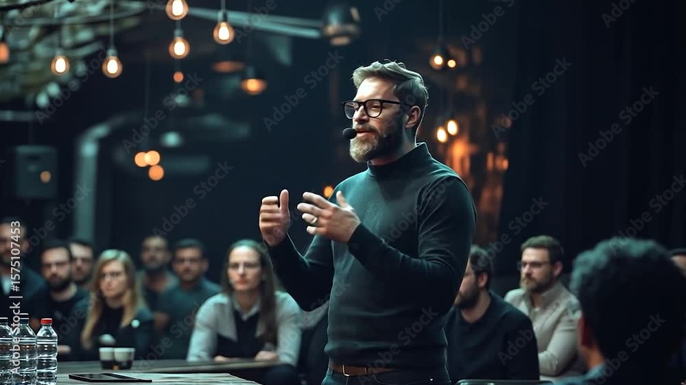 Poster business presentation in a low light setting a speaker addresses an audience lights and bokeh backgr