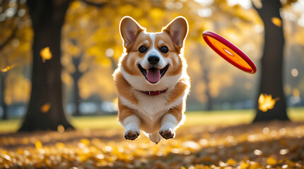A happy Corgi leaps to catch a frisbee in an autumn park.