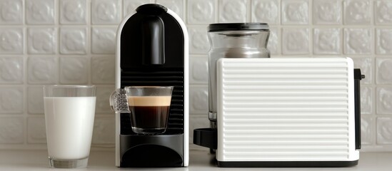 Coffee machine, milk, and toaster on a kitchen counter
