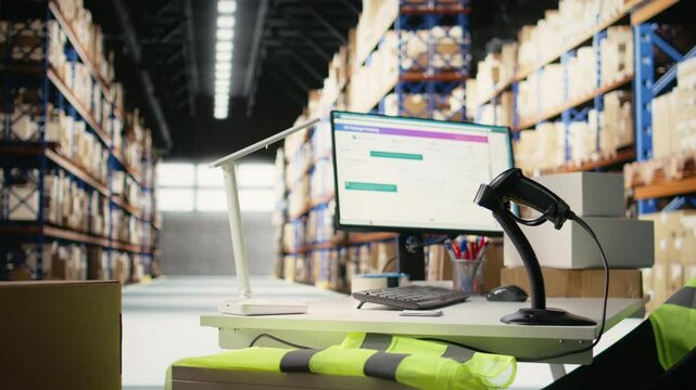 Empty professional warehouse space used for shipping cargo goods from online shopping local small brand, ensuring express delivery from the storage room depot. Storage room.
