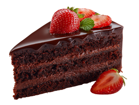 A slice of layered chocolate cake topped with fresh strawberries and a glossy chocolate layer. Colorful and sweet, with a simple but eye-catching design.