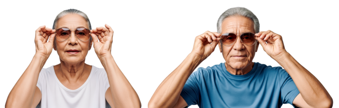 Latin American mature couple trying on summer sunglasses - Powered by Adobe