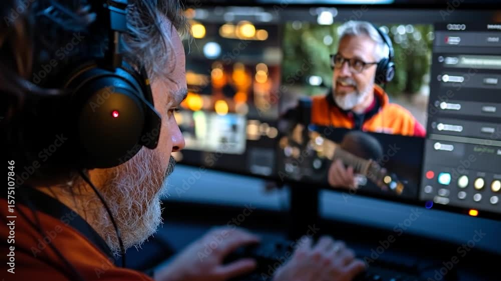 Poster man with headset in dim light interacting with computer screen showing another man and interface ele
