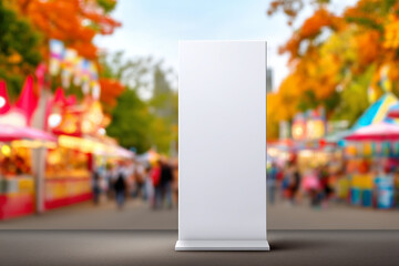 Blank vertical billboard with white base on carnival street in autumn, colorful blurred fair background, ideal for seasonal outdoor advertisement and event promotion mockup
