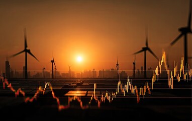 Sunrise, wind farms, city, stock market graph. Sustainable energy investment
