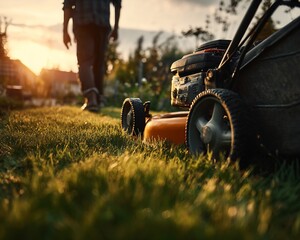 Lawnmower and Person on a Grassy Lawn at Sunset
