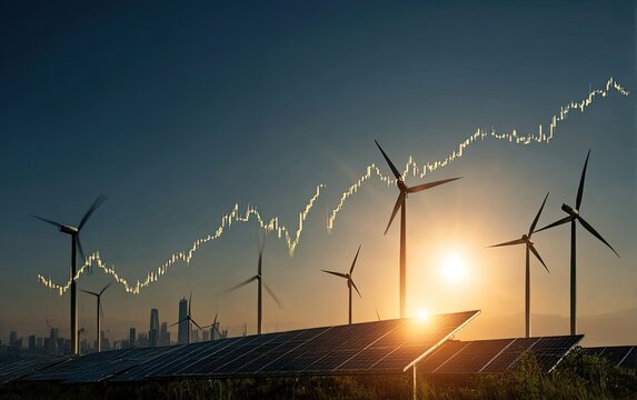 Rising stock chart over wind turbines and solar panels at sunset. Possible use Environmental investment