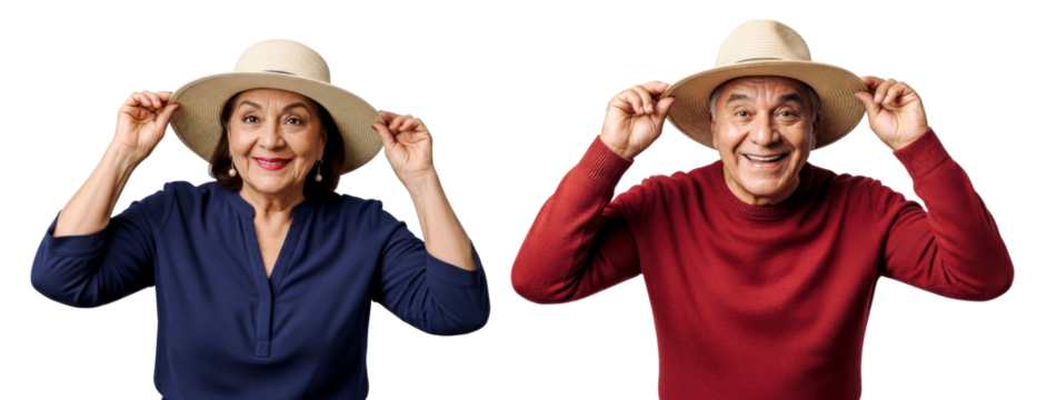 Delighted Latin American Senior Couple Wearing Straw Hats