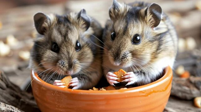 Two hamsters in the Bowl: A heartwarming portrayal of two adorable hamsters, cozily nestled together in a small bowl, sharing a snack in a photorealistic capture.