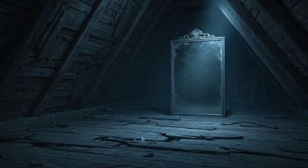 Eerie attic interior featuring a decaying mirror illuminated by a single ray of light