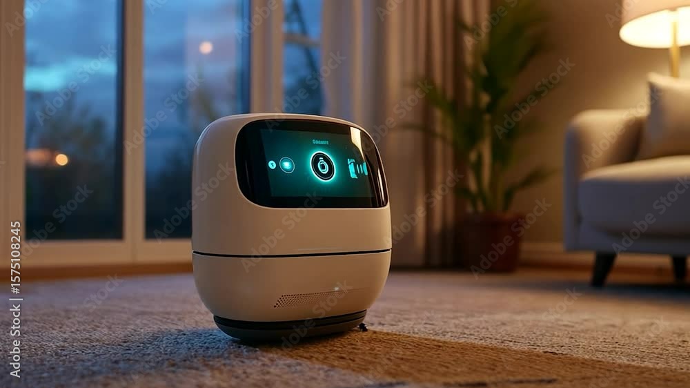 Poster robot device with screen on a living room floor near a window and sofa. ambient lighting in a domest