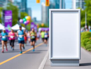 White framed billboard on roadside at marathon with blurred runners and balloons, urban setting for race event signage, ideal for sports announcements or promotional design